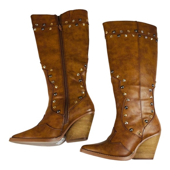Cato Womens Comfort Leather Western Studded Tall Boots Brown Size 9M NWT - Picture 3 of 11